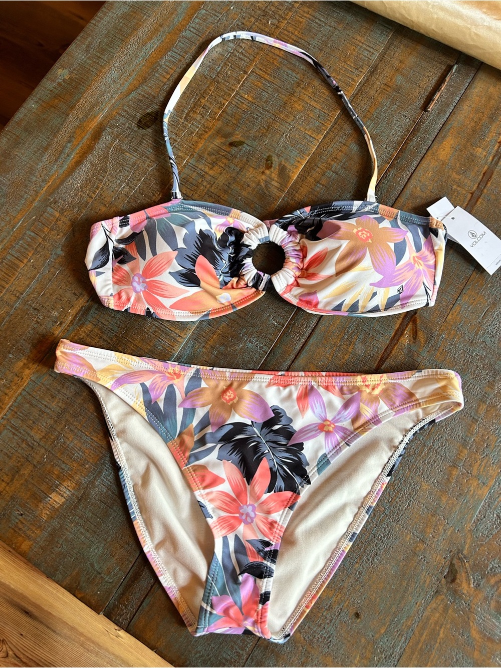 NWT Volcom Tropicabana Full Set Hipster Ring Bandeau Bikini Women’s Large